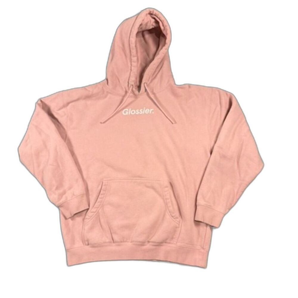 Glossier Original Pink Hoodie Size M Oversized Logo Pullover Sweatshirt